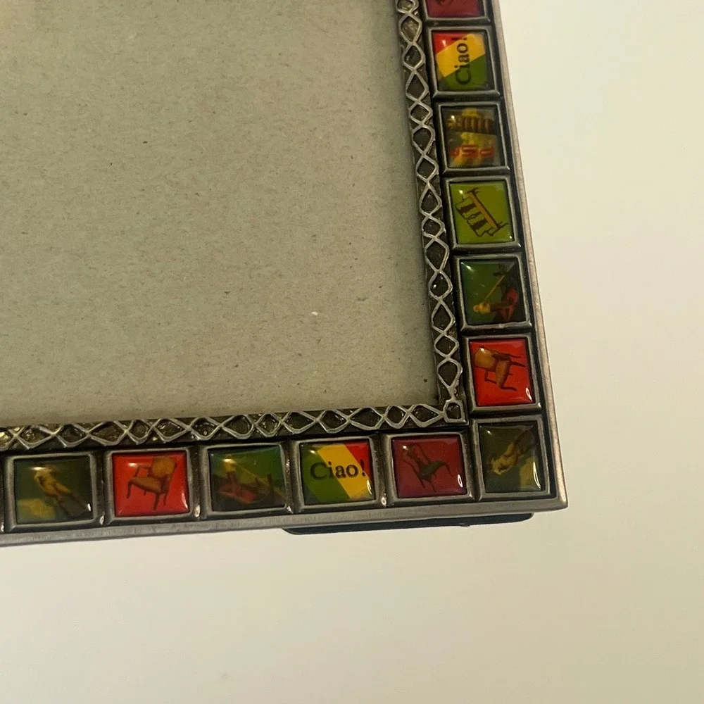 Italian Ciao Rome Mosaic Tile Pewter Tone Metal Photo Frame 4x6 Tabletop Decor